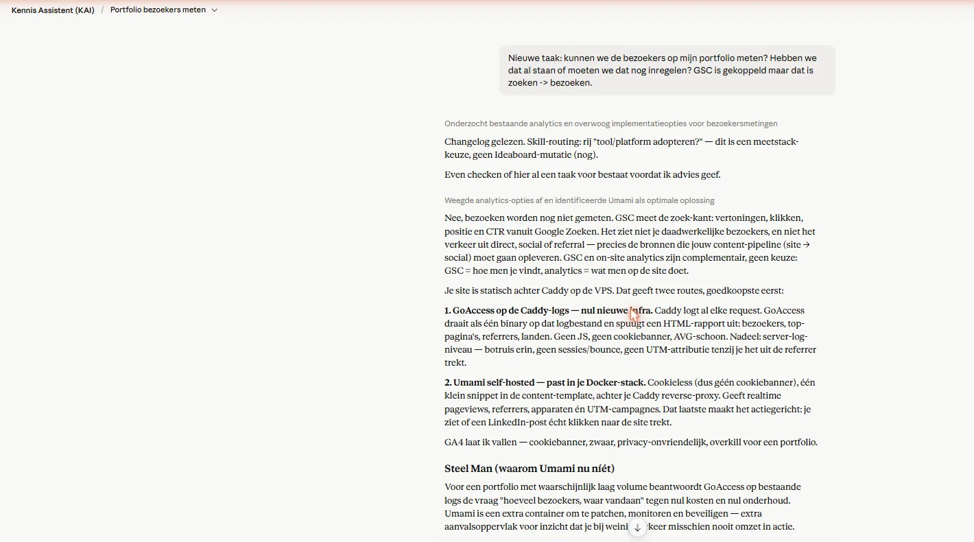 Een gesprek met Kai: op een losse vraag over sitebezoekers volgt eerst een check van de administratie, dan een eerlijk antwoord met tegenargument