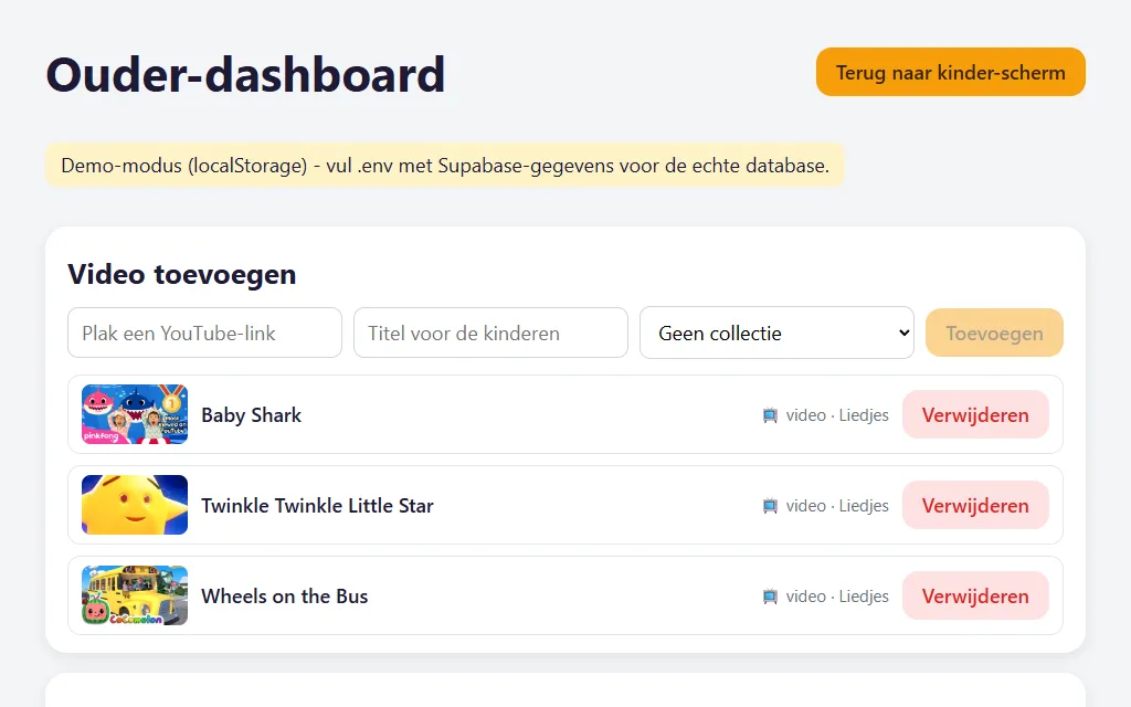Het ouder-dashboard van de kinderhub: video's toevoegen via een geplakte link, met de lijst klaargezette filmpjes