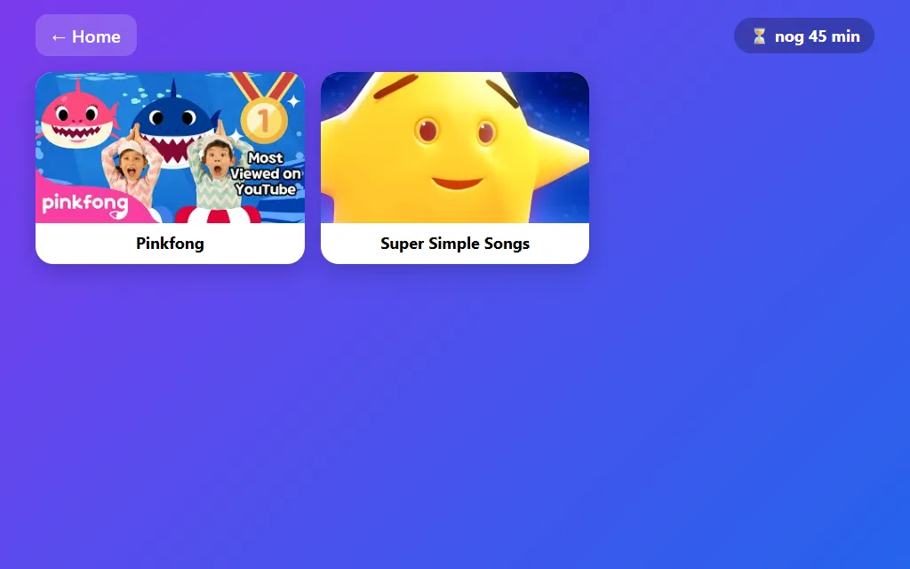 De kanaalkeuze in de kinderhub: tegels per YouTube-kanaal, zoals Pinkfong en Super Simple Songs